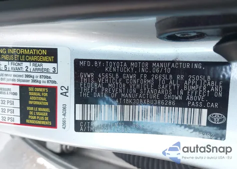 2011 Toyota Avalon Limited z USA, uszkodzony, nr VIN 4T1BK3DBXBU386286